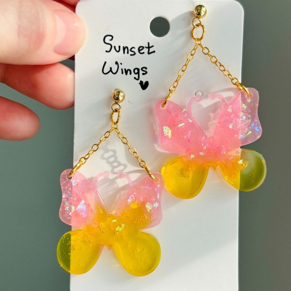 Butterfly Earrings, Pink Yellow Resin Dangles with Gold Chain, Statement Jewelry
